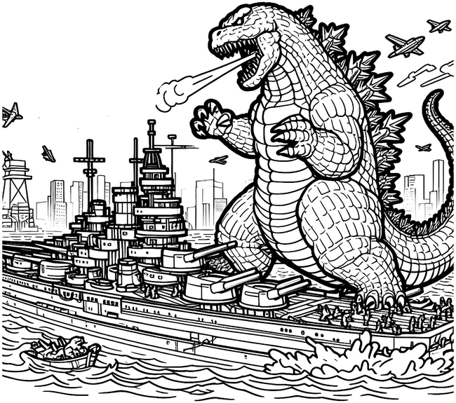 malvorlage-dinosaurier-auf-schiff-mit-feuer
