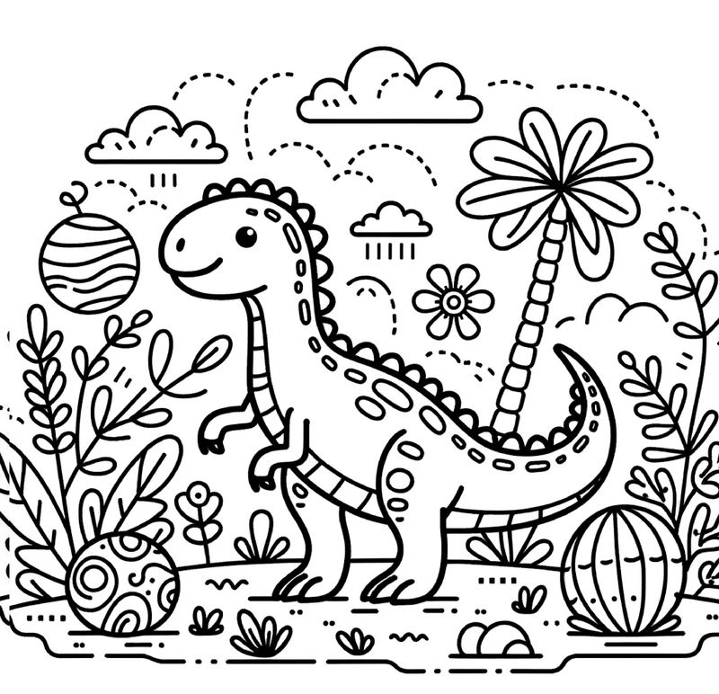 malvorlage-dinosaurier-in-bunter-landschaft-mit-pflanzen-und-planet
