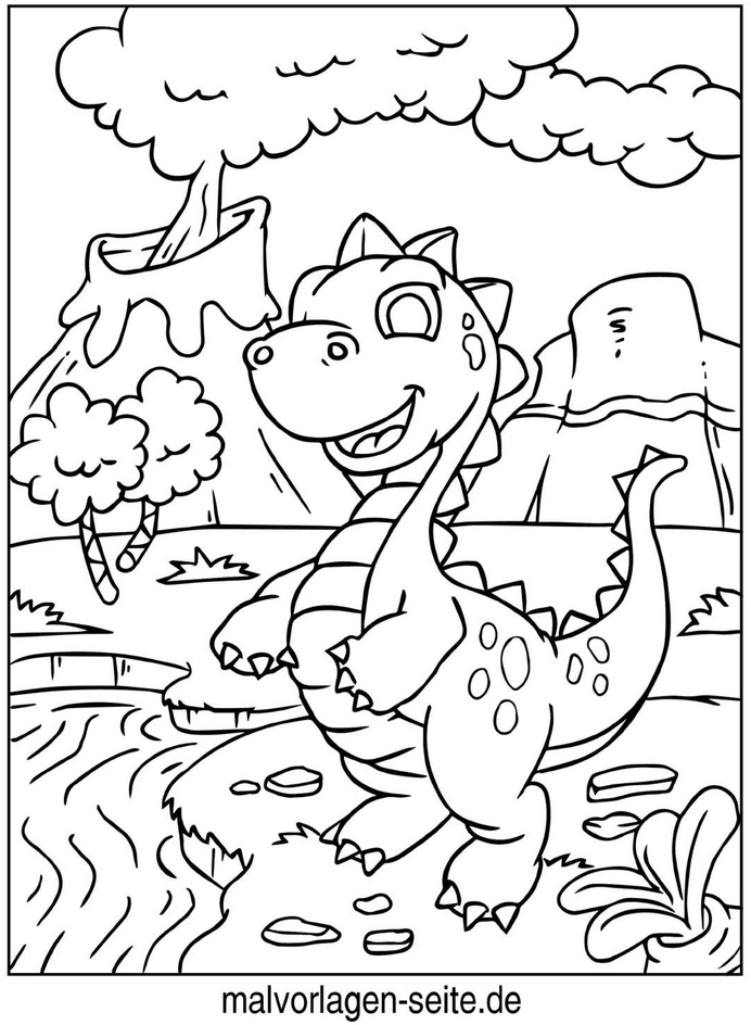 malvorlage-dinosaurier-in-bunter-landschaft
