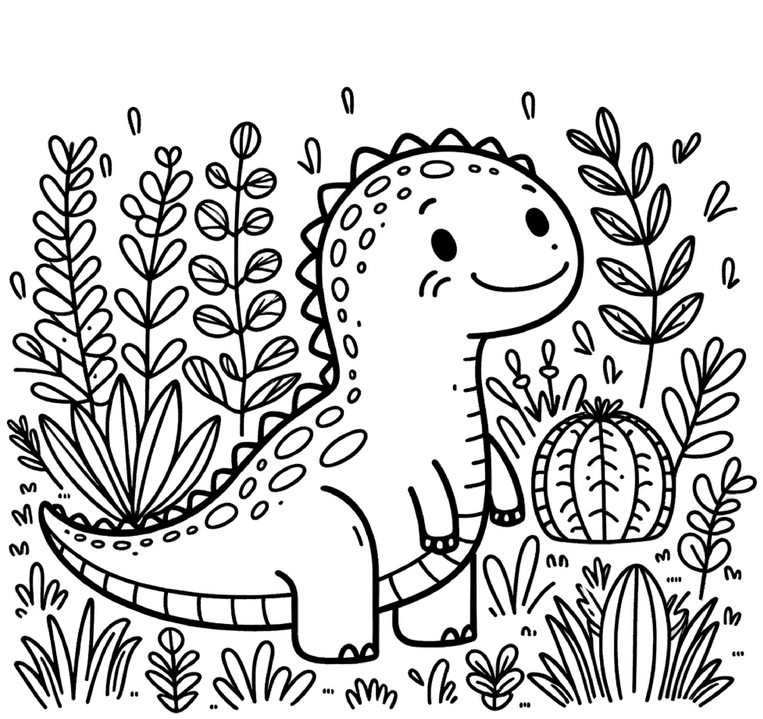 malvorlage-dinosaurier-in-bunter-pflanzenwelt