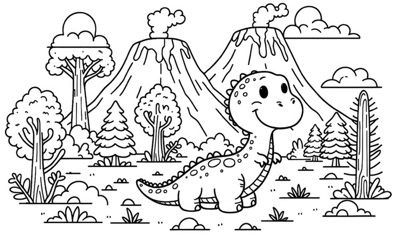 malvorlage-dinosaurier-in-der-natur-mit-vulkanen