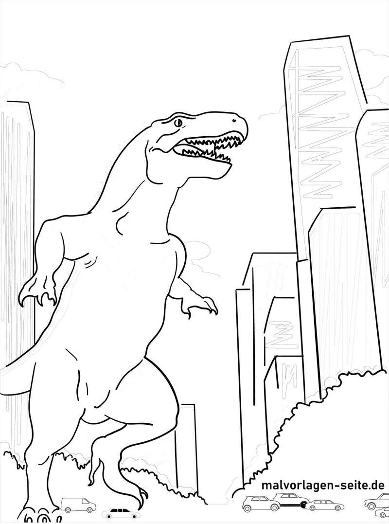 malvorlage-dinosaurier-in-der-stadt-ausmalen