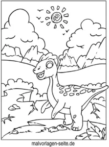 malvorlage-dinosaurier-in-einer-sonnigen-landschaft