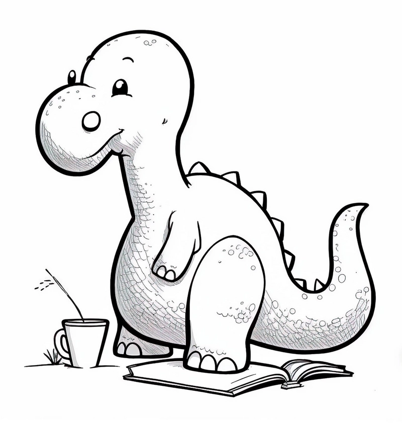 malvorlage-dinosaurier-mit-buch-und-tasse