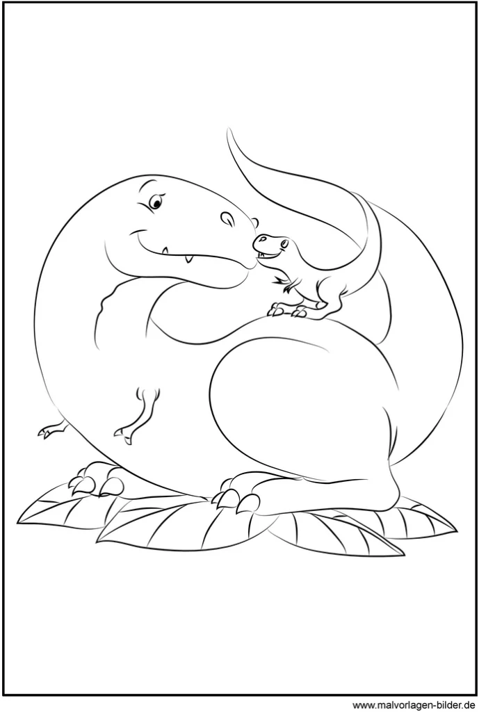 malvorlage-dinosaurier-mutter-baby-auf-blaettern