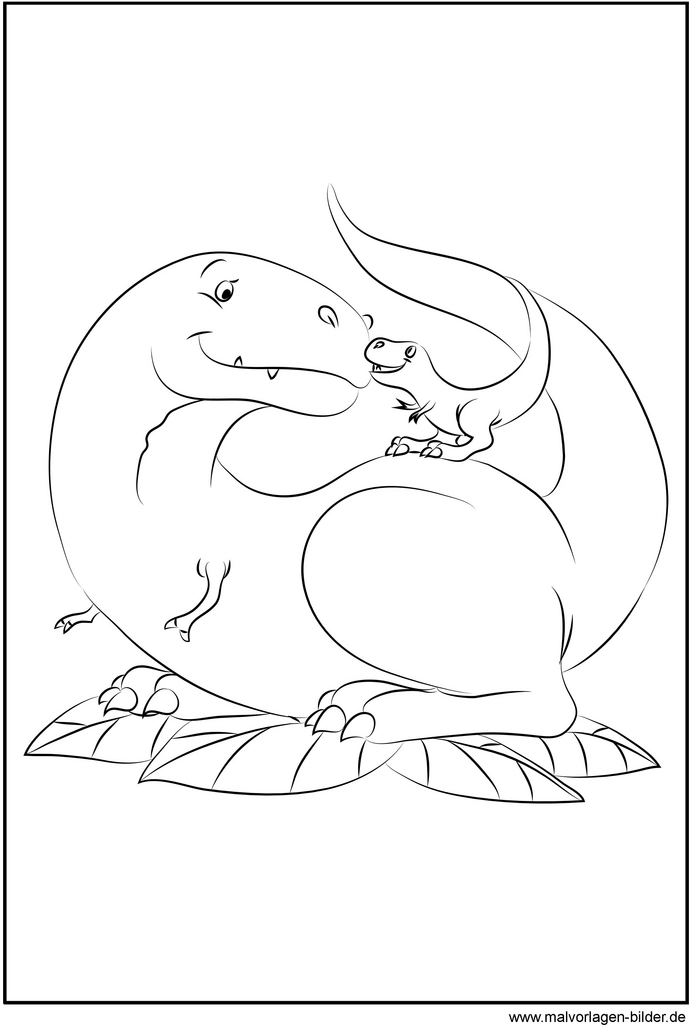 malvorlage-dinosaurier-mutter-baby-auf-blaettern