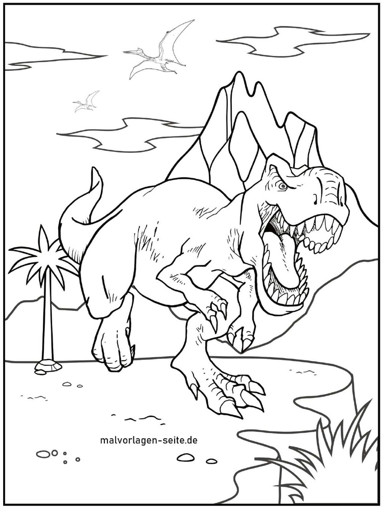 malvorlage-dinosaurier-t-rex-in-einer-faszinierenden-landschaft
