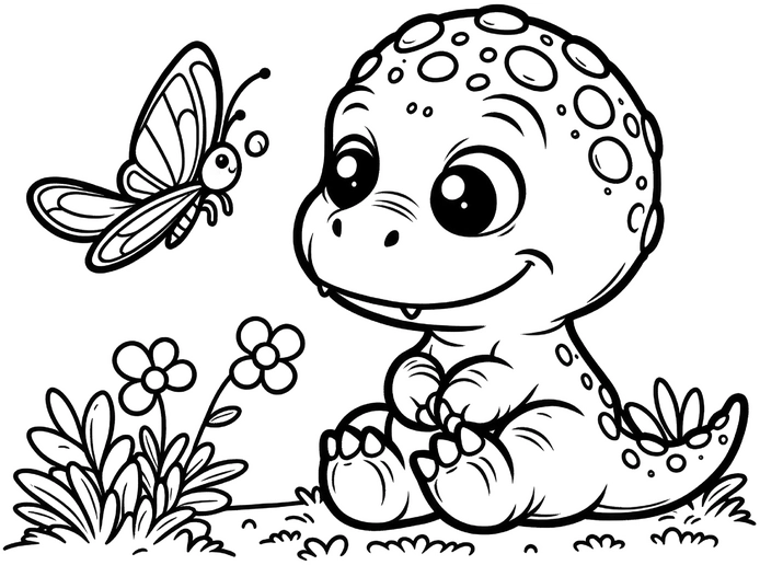 malvorlage-dinosaurier-und-schmetterling-kreativ-ausmalen