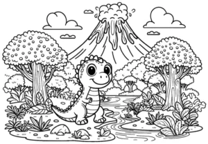 malvorlage-dinosaurier-vulkan-naturlandschaft