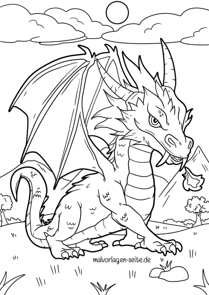 malvorlage-drache-in-fantastischer-umgebung