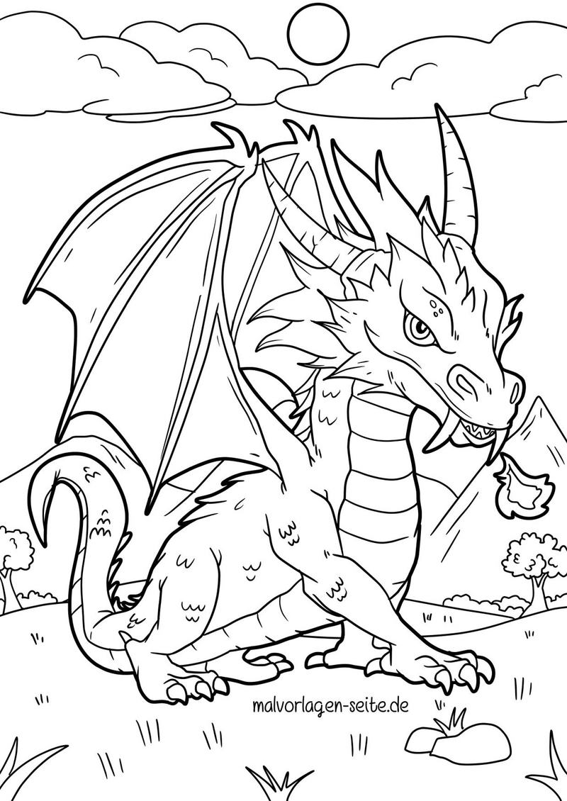 malvorlage-drache-in-fantastischer-umgebung