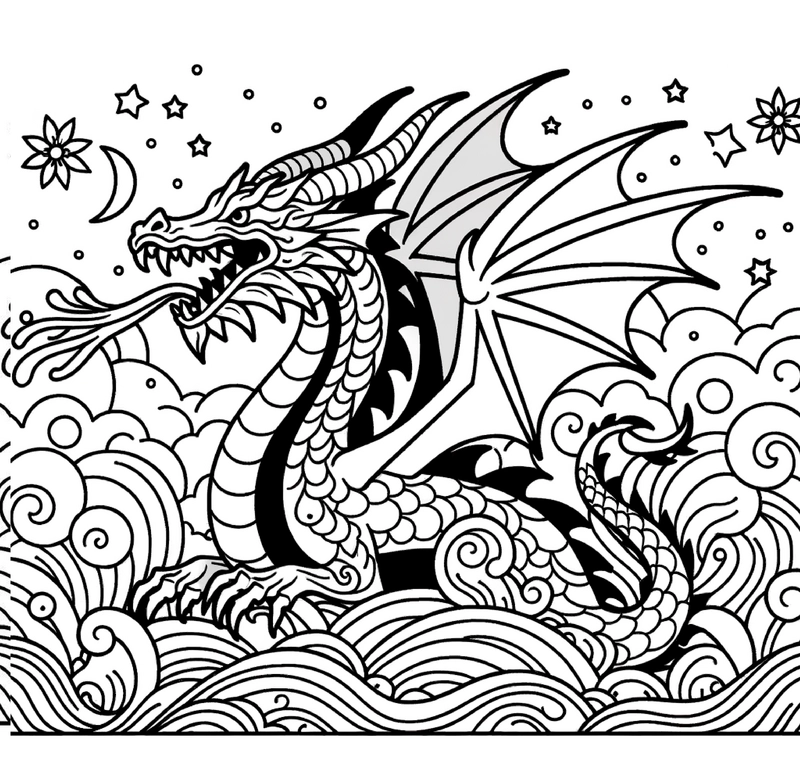 malvorlage-drache-in-wellen-und-wolken