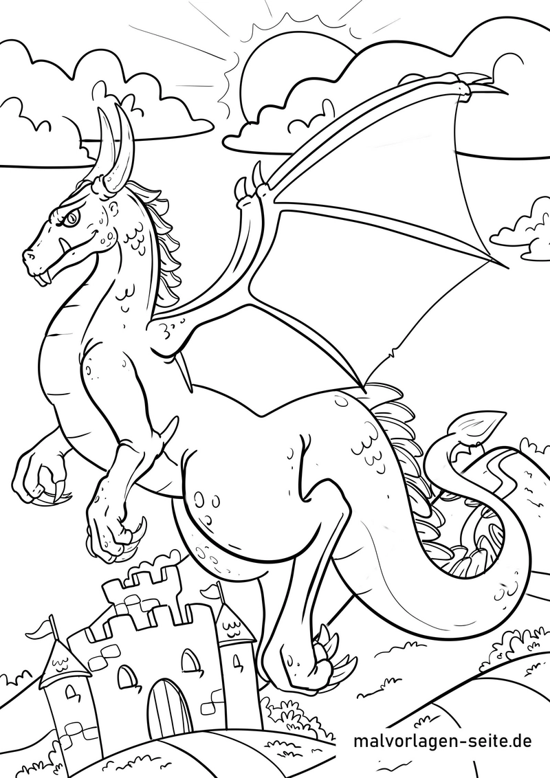 malvorlage-drache-mit-schloss-und-landschaft