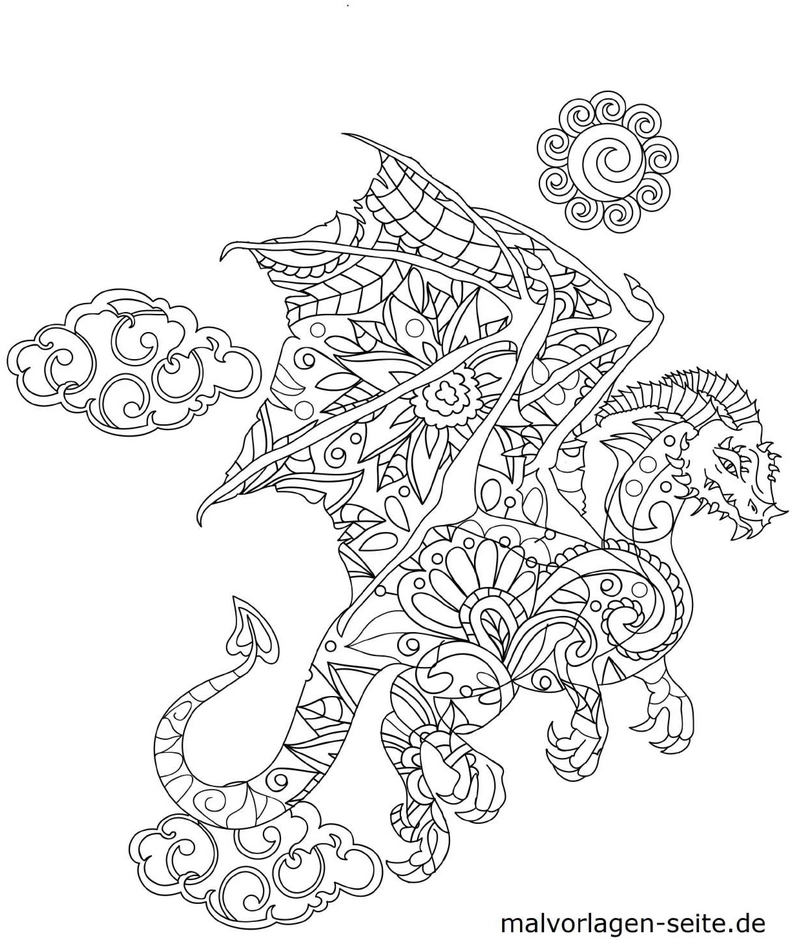 malvorlage-drachen-florale-muster-und-wolken