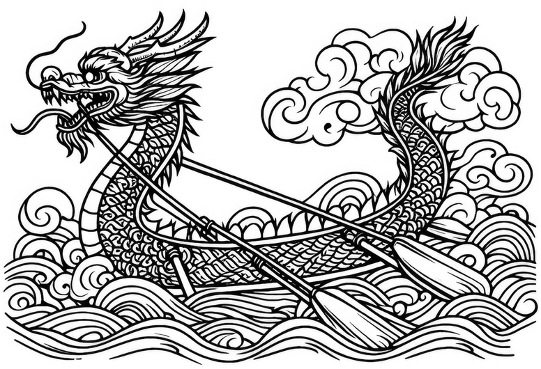 malvorlage-drachen-im-wasser-mit-wellen-und-wolken