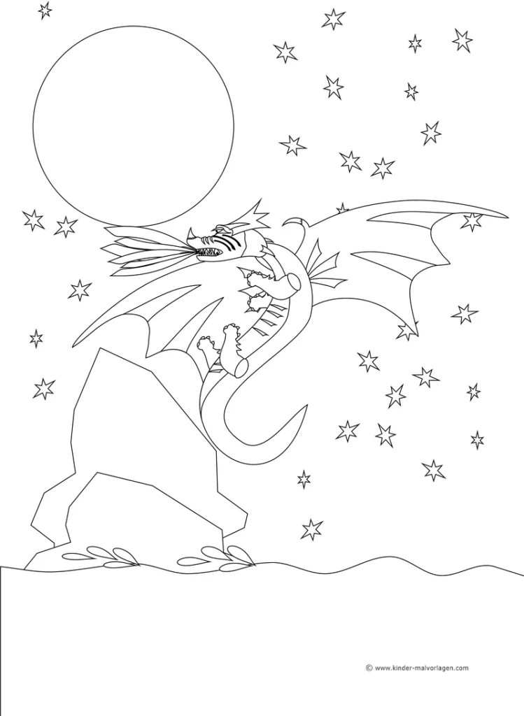 malvorlage-drachen-in-der-nacht-mit-mond-und-sternen