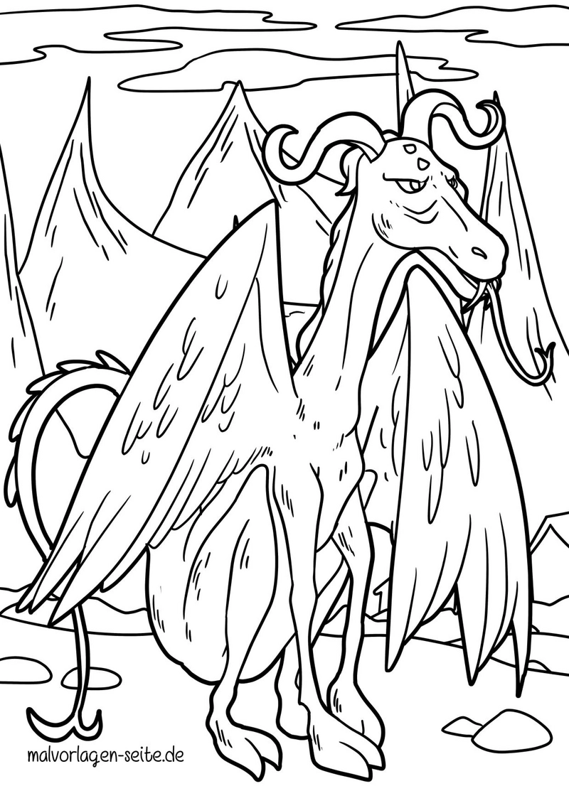 malvorlage-drachen-in-fantastischer-landschaft
