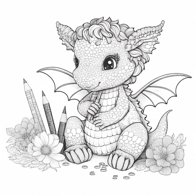 malvorlage-drachen-mit-buntstiften-und-blumen