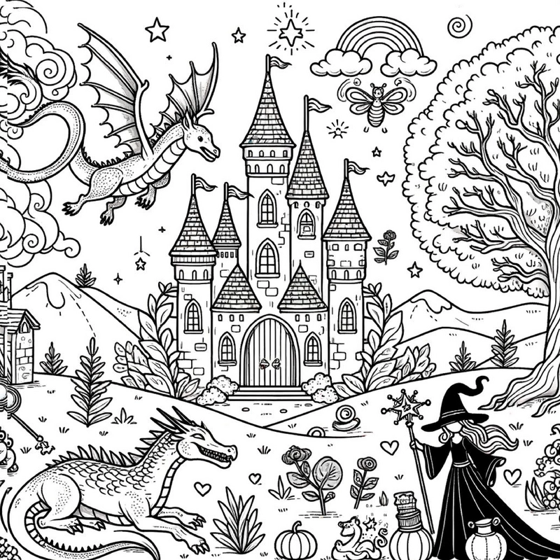 malvorlage-drachen-und-schloss-in-einer-fantasiewelt