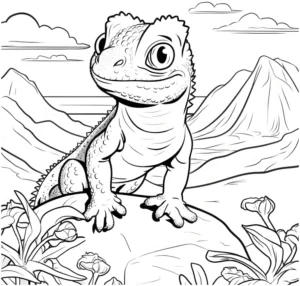 malvorlage-drachengecko-auf-felsen-in-berglandschaft