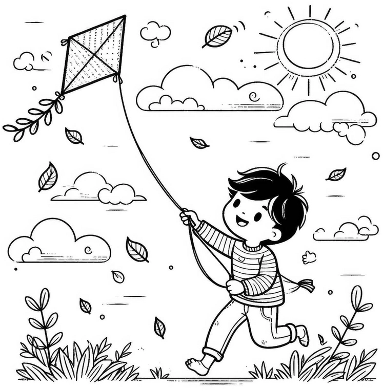 malvorlage-drachensteigen-im-herbst-mit-einem-jungen