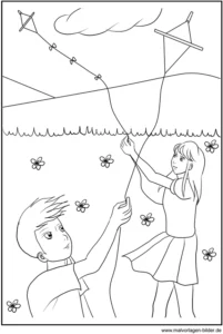 malvorlage-drachensteigen-mit-kindern-in-der-natur
