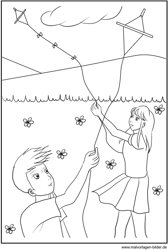 malvorlage-drachensteigen-mit-kindern-in-der-natur