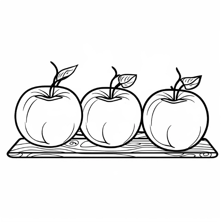 malvorlage-drei-aepfel-auf-holzbrett