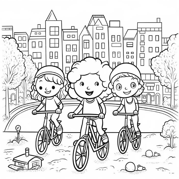 malvorlage-drei-kinder-auf-fahrrad-in-stadt