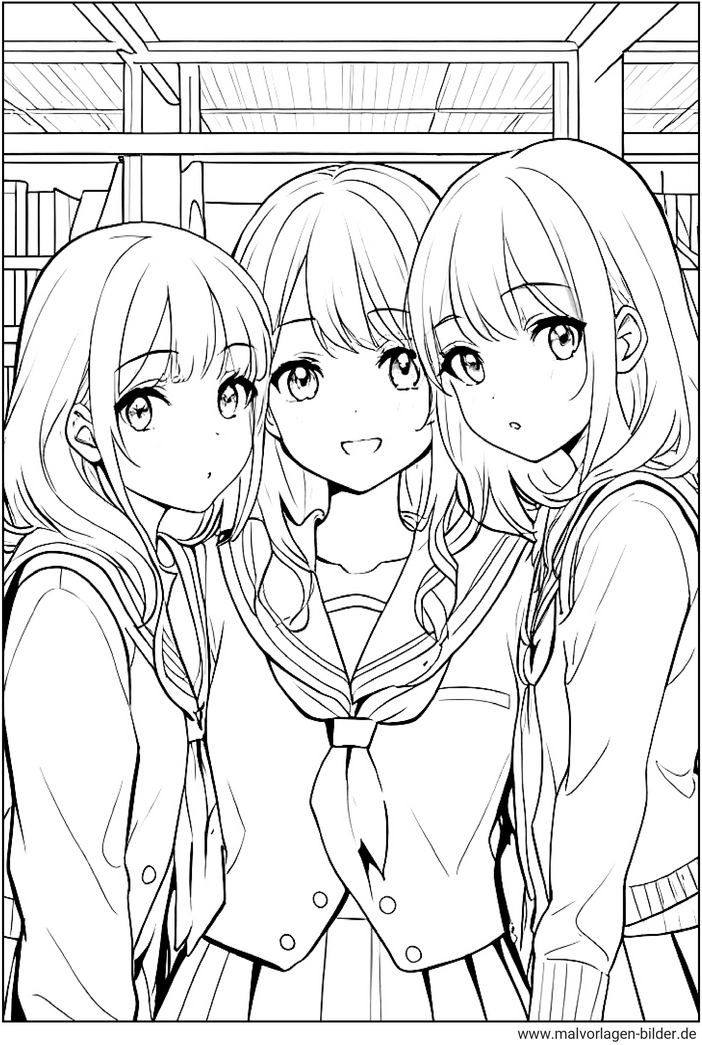 malvorlage-drei-maedchen-in-der-schule