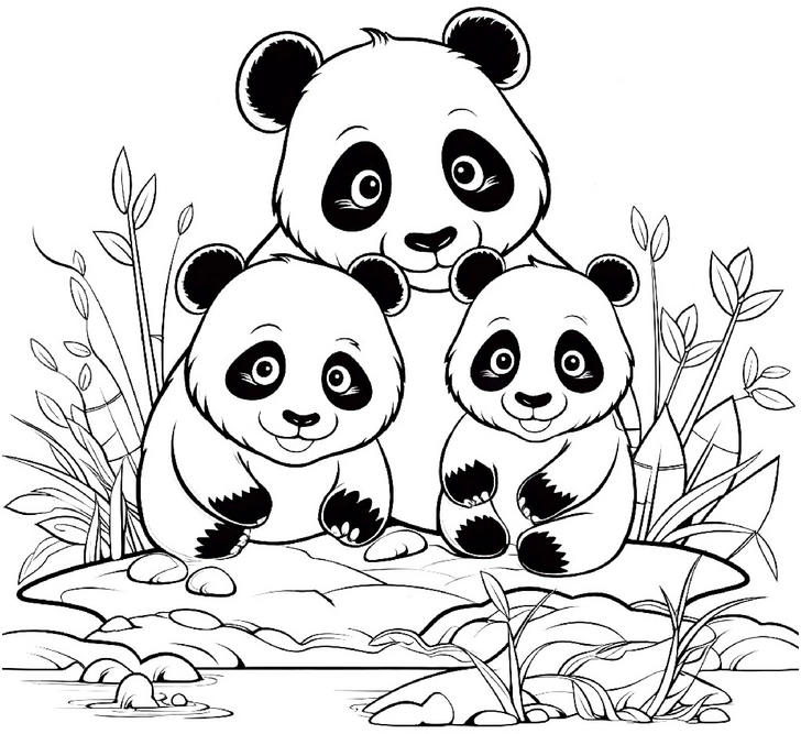 malvorlage-drei-pandas-in-der-natur