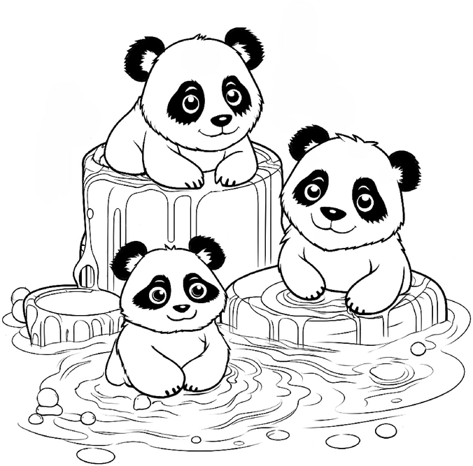 malvorlage-drei-spielende-pandas-auf-holzstaemmen