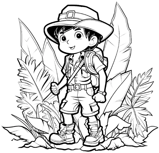 malvorlage-dschungel-entdecker-mit-pflanzen-abenteuer