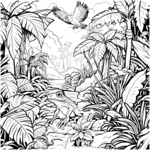 malvorlage-dschungel-frosch-und-vogel