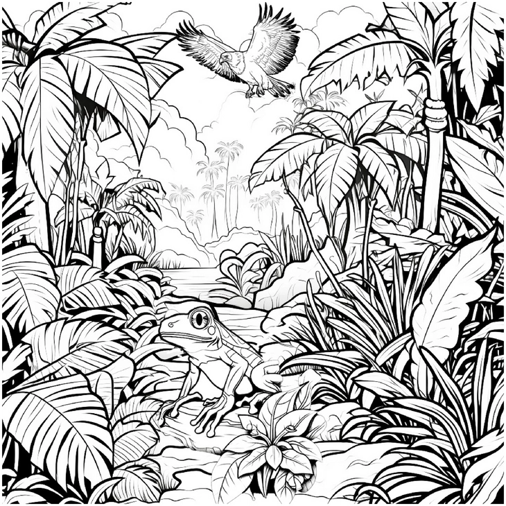 malvorlage-dschungel-frosch-und-vogel