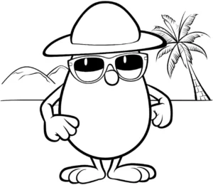 malvorlage-ei-im-sommerurlaub-mit-sonnenbrille-und-palmbaeumen