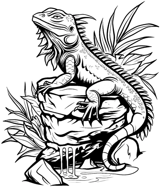 malvorlage-eidechse-auf-felsen-umgeben-von-pflanzen