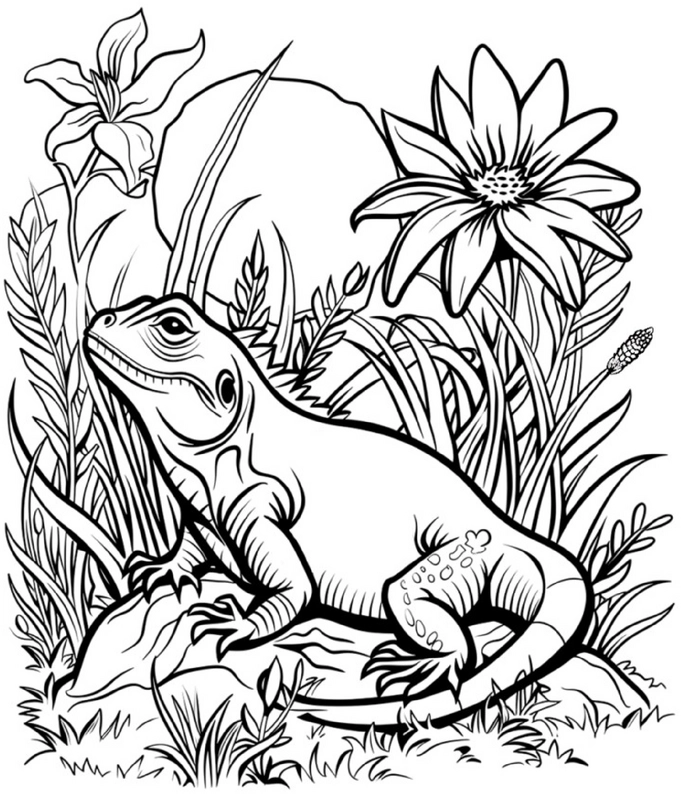 malvorlage-eidechse-blumenfeld