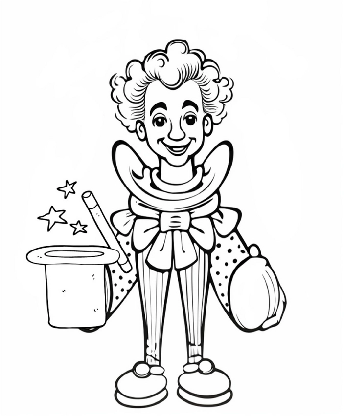 malvorlage-eines-clowns-mit-zauberhut-zum-ausmalen