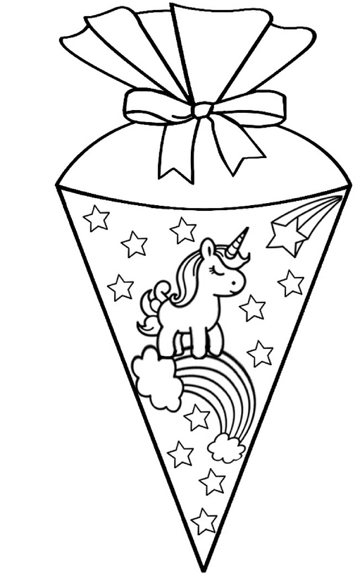 malvorlage-einhorn-auf-schultuete-mit-sternen-und-regenbogen