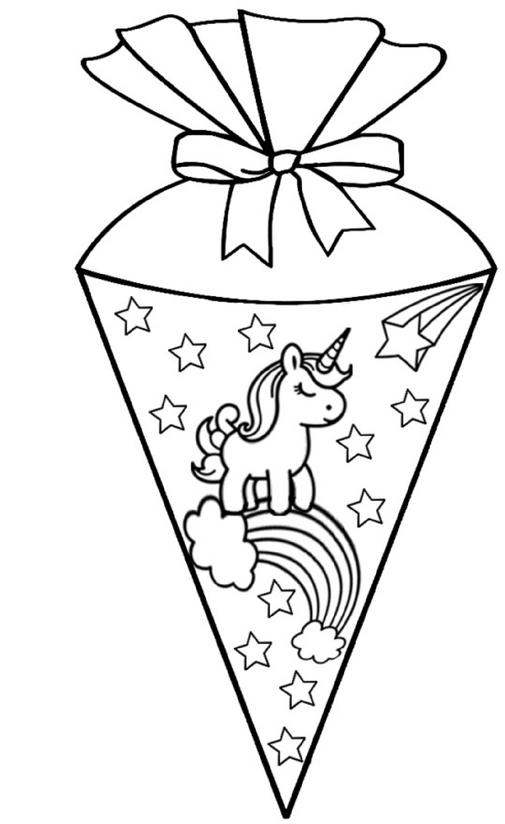malvorlage-einhorn-auf-schultuete-regenbogen-und-sternen