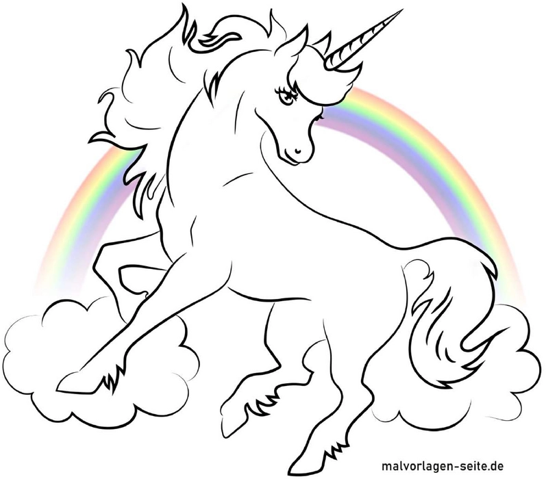 malvorlage-einhorn-auf-wolken-und-regenbogen