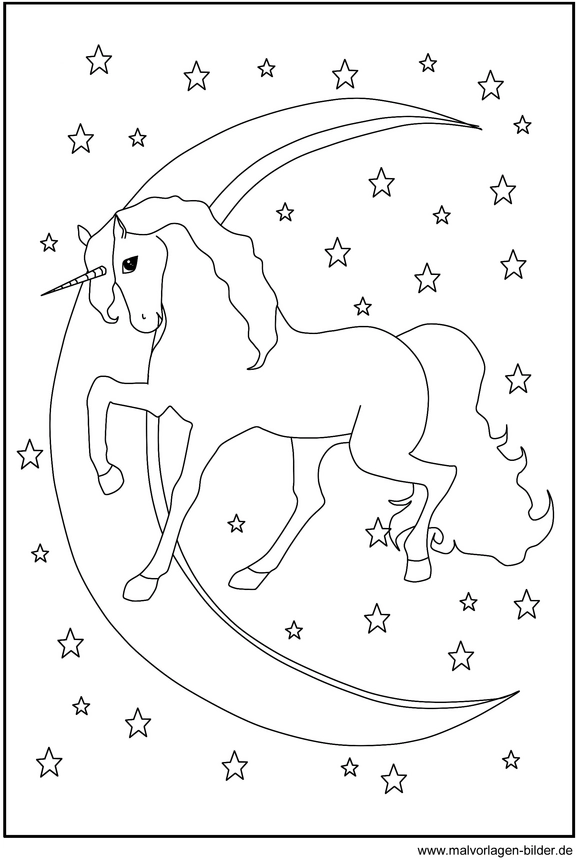 malvorlage-einhorn-im-mond-mit-sternen