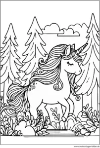 malvorlage-einhorn-im-wald