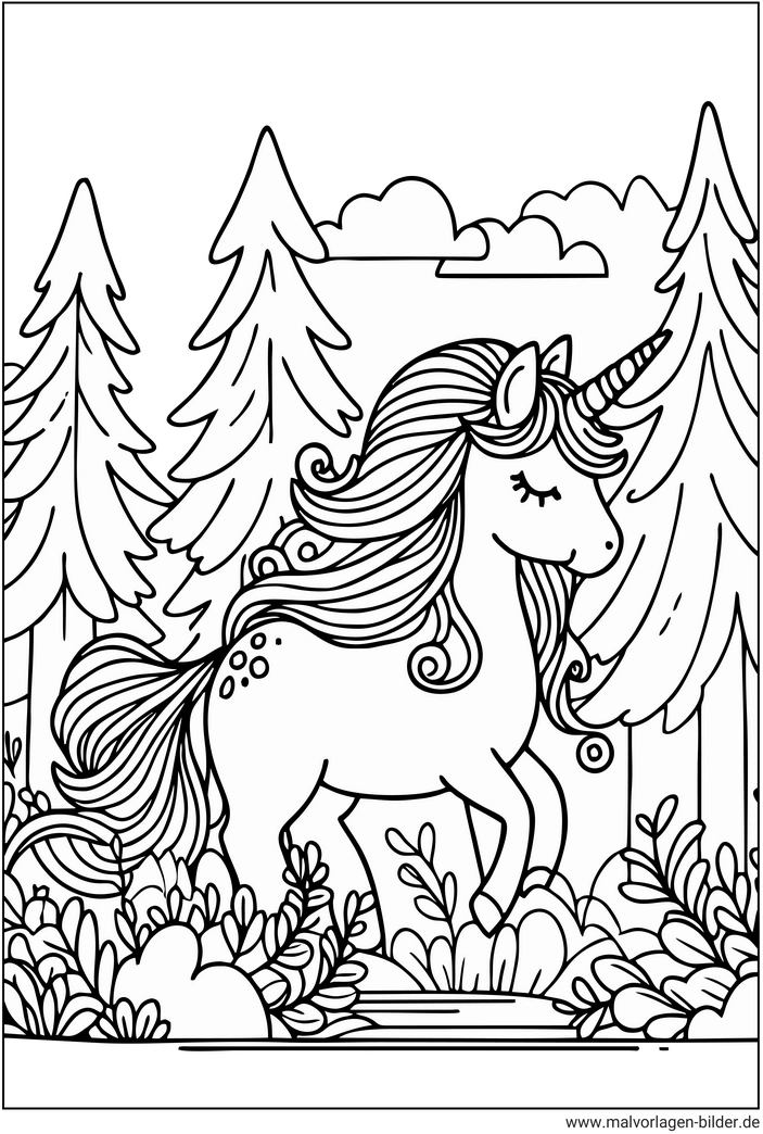 malvorlage-einhorn-im-wald