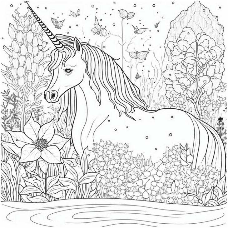 malvorlage-einhorn-in-bluehender-landschaft