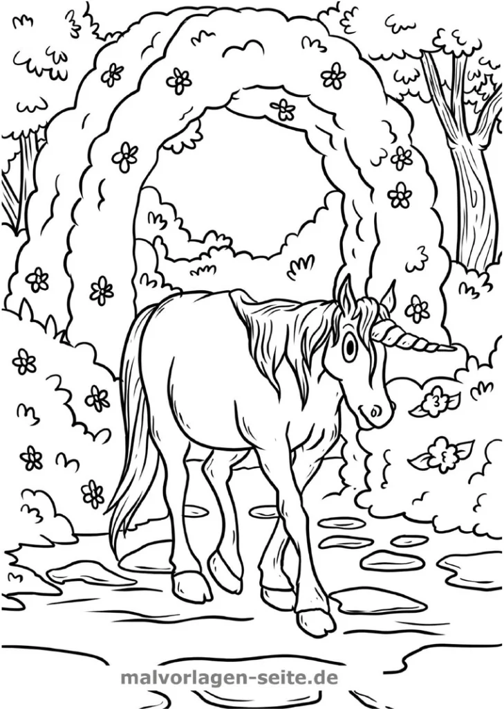 malvorlage-einhorn-in-zauberhafter-umgebung