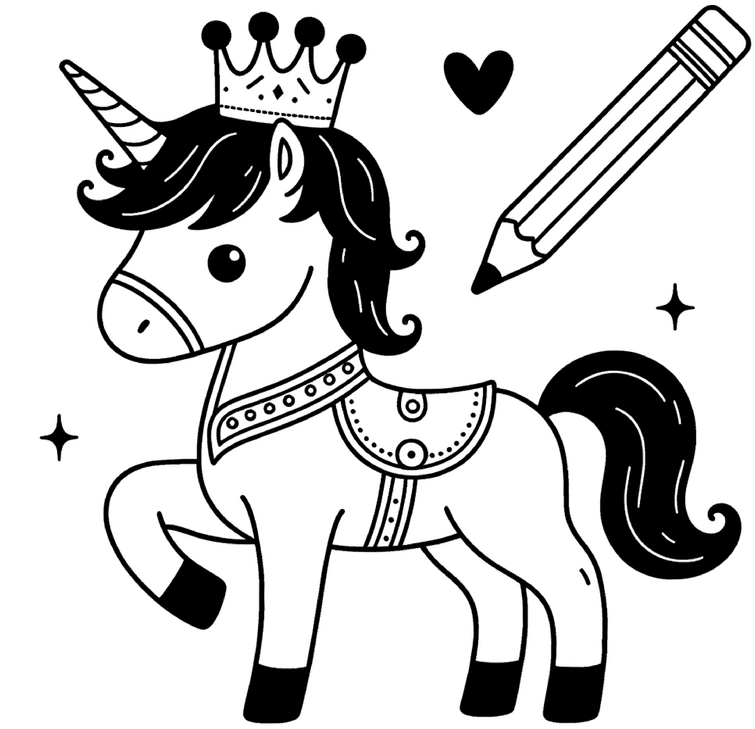 malvorlage-einhorn-mit-krone-und-bleistift