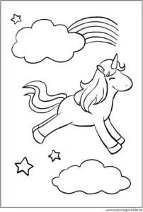 malvorlage-einhorn-regenbogen-wolken