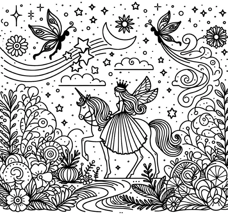 malvorlage-einhorn-und-fee-in-zauberhafter-landschaft